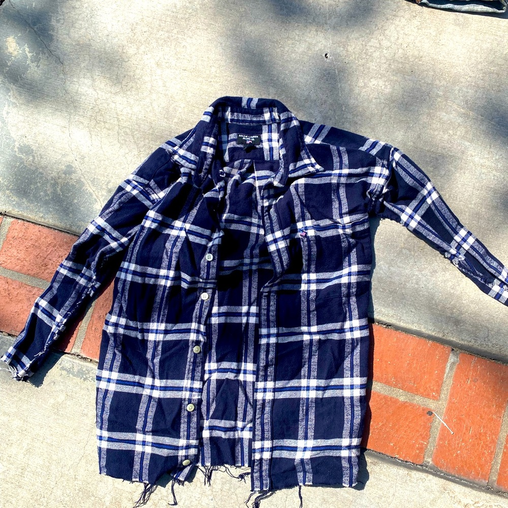 Ralph Lauren 100% cotton kids blue plaid Large frayed bottom. almost new